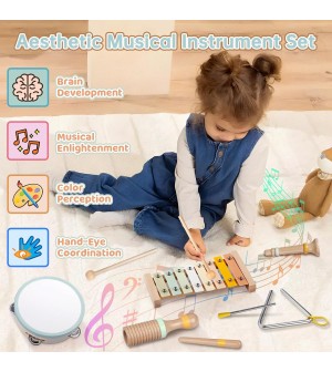 Kit complet petites percussions en bois naturel couleur pastel pour enfants Musicakids jouets éveil musical instument de musique