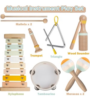 Kit complet petites percussions en bois naturel couleur pastel pour enfants Musicakids jouets éveil musical instument de musique